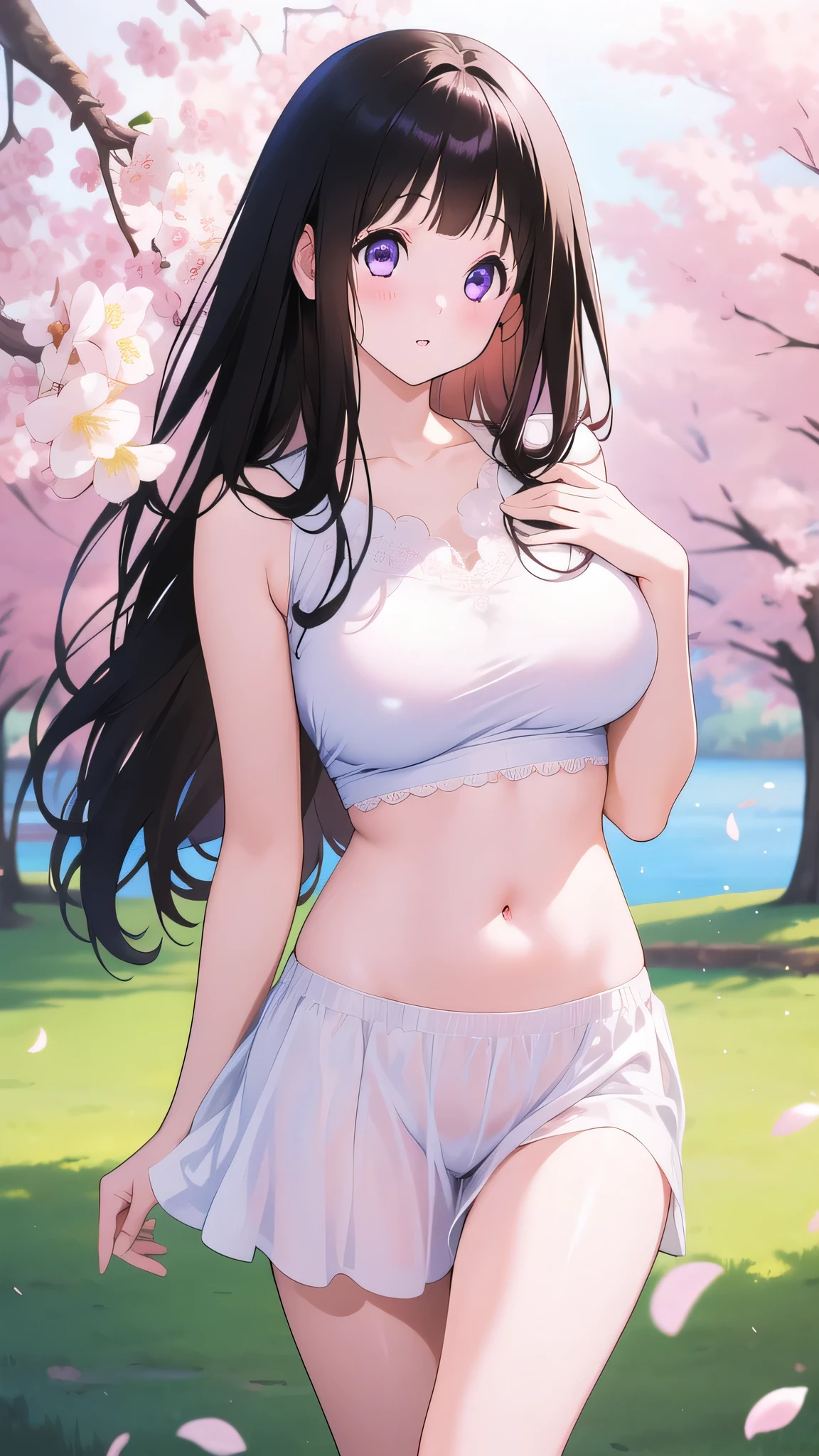 Amazing Chitanda, There is only one beautiful girl,Purple Eyes, Black Hair, Very red face,Very white skin,Glowing skin,Naturally straight hair, Straight bangs,Extremely refined,Open lips,Long flowing hair,Beautiful Girl, Like a dream,Slim,Slim waist,Soft, (Sensual), (Kawaii), Dream quality,Beautiful big breasts,White skirt,Wide neckline,Take a walk along the lake,Flying Butterflies,Cherry blossoms,no pants,Showing breasts,Show your thighs,Showing collarbone,Show your neck,Exposing the groin,Show your belly button,No pants,extremely shy,Ultra-high resolution, (masterpiece:1.2, best quality), (Delicate and beautiful eyes: 1.2), (Beautiful and delicate face)