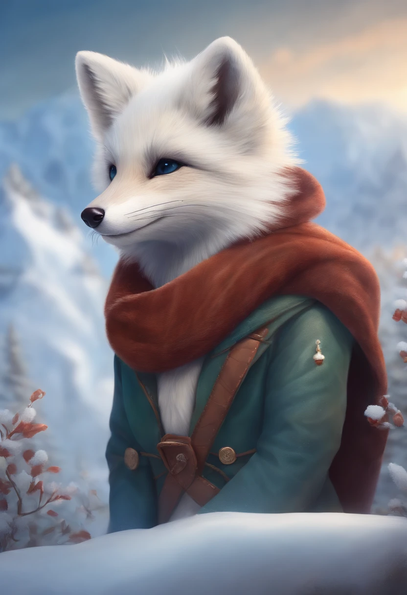 Style - NebMagic, Portrait of Ismail Incioglu, antelope, James Jean, Anton Fadeev and Yoshitaka Amano, A cute furry Arctic fox wearing a Style-SylvaMagic scarf in the snow, Very detailed, 8k resolution, The art of math, Popular on artstation, Vibrant colors, Chibi style, masterpiece, cute friendly cute