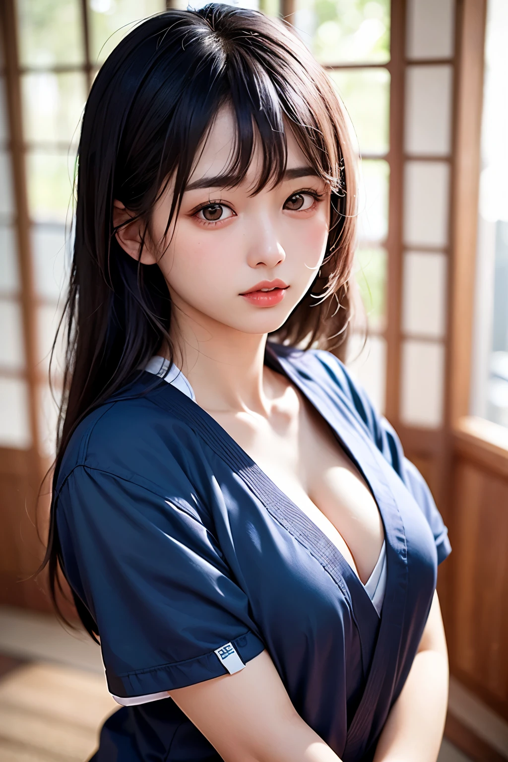(1 nogizaka girl,raw photo,photo realistic:1.5),(best quality, high quality,HDR, highest quality,ultra high resolution,high resolution,high res,ultra high difinition,huge file size,8K,2K wallpaper,8K wallpaper,high quality texture,amazing,an extremely delicate:1.4),one girl, Japanese famous idol,beautiful face,small face,absurd,ridiculous,incredibly ridiculous,portrait,breasts close up,blurry background,(gym uniform,cleavage,no makeup:1.2),medium skin,beautiful skin,detailed skin,small head,black hair,silky hair,(Japanese eyes,kamaboko eyes:1.5),detailed eyes,black eyes,Japanese idol eyes,Japanese nose,5-fingers,(eyebrow:-0.5),(Light Particles, Lens Flare, Luminous Particles: 0.7),looking at viewer,bright lighting,professional lighting,girl