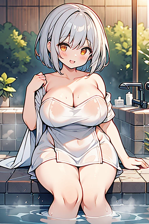 girl、high school student、Gray Hair、Short Hair、Bob、Orange Eyes、Thick thighs、((G-Cup))、Make your bigger、smile、teasing、((highest quality))、Anime Style、hot spring、Wrapped in a bath towel、The bath towel is see-through.