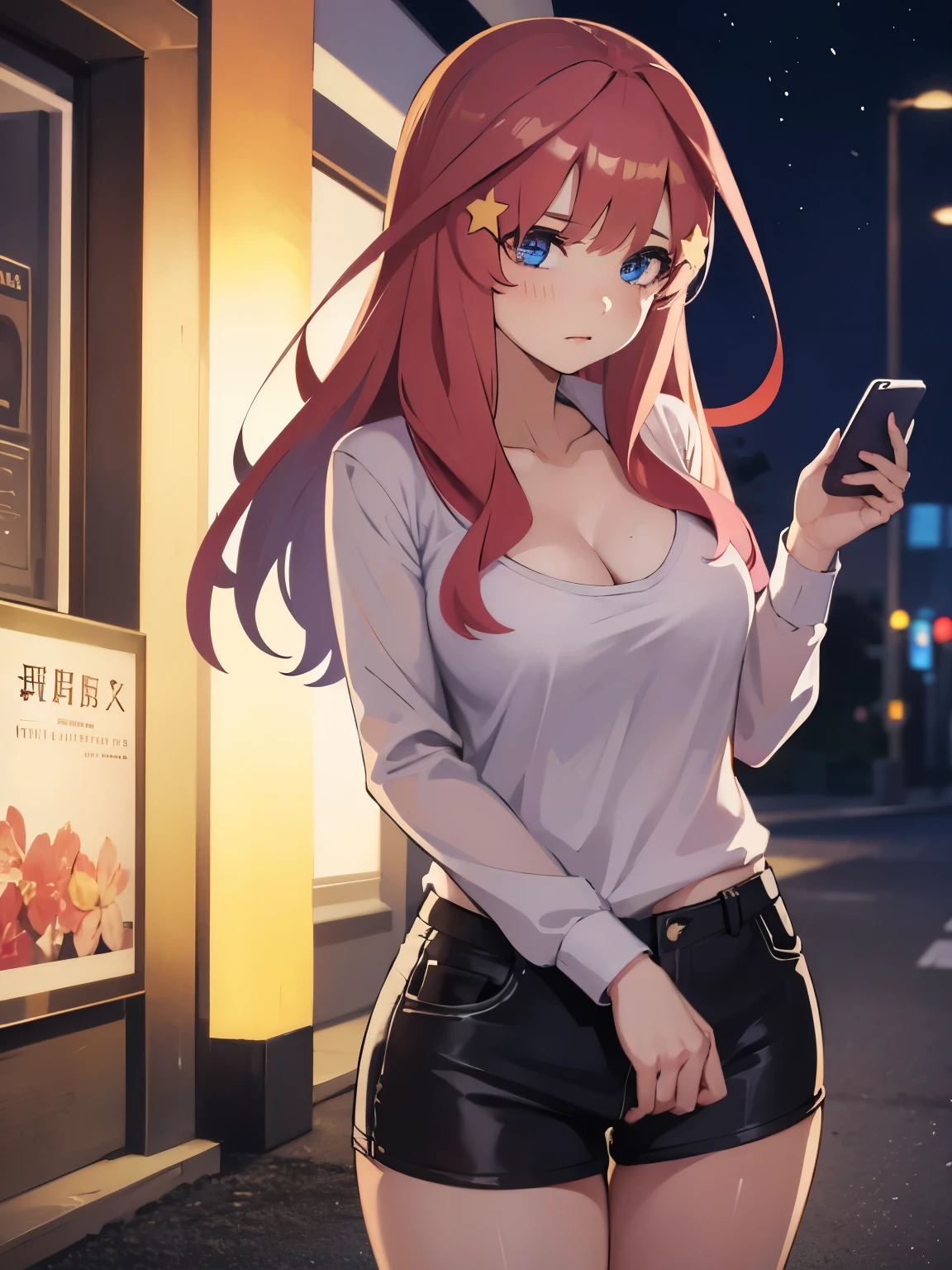 One girl, alone,Beautiful woman, ((Beautiful Blue Eyes)),Illuminated street at night, Playing with your phone, hot pants, fragrant pink flowers, Passengers, Night view gradation, The finer details, Subtle Tones, Silence on the screen.Big Breasts, Medium Waist, Medium Hips, wide thighs,cute、Her chest is E cup、Embarrassed face、sexy、Erotic
