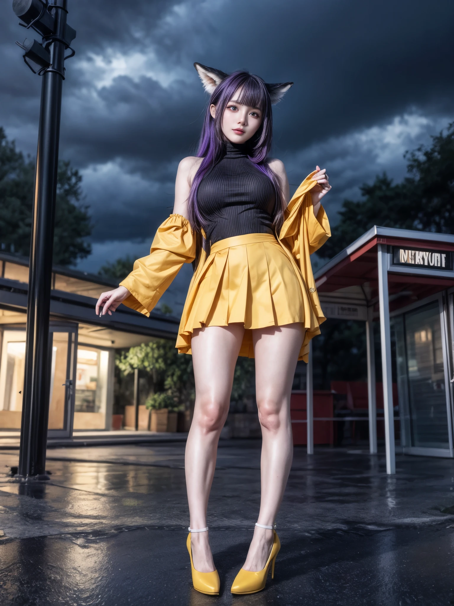 Best quality, hyper-high detail, very high res, Extremely detailed CG, Reality，absurd res，fox ear，Huge colorful fox tail， 8K,Colorful, A 20-year-old nine-tailed fox girl,Light turtleneck shirt，Detailed clothing patterns，tiese，(full body:1.3),Solo,Perfect body shape,(long leges:1.3)， Faraway view，high-heels，(Purple eyes), (Purple hair to shoulders), Extremely long purple diamond hair floating, yellow ribbon, Beautiful eyes,(Purple clothes:1.3),Wet clothes, Short purple skirt, detailed and beatiful face and eyes, ((Shiny skin)), Shiny hair, (detailed and beautiful shiny clothes, Kiosk side, In a square, waiting for rain to pass,overcast sky, Rainy days，(dynamicposes:1.3)，low perspective，
