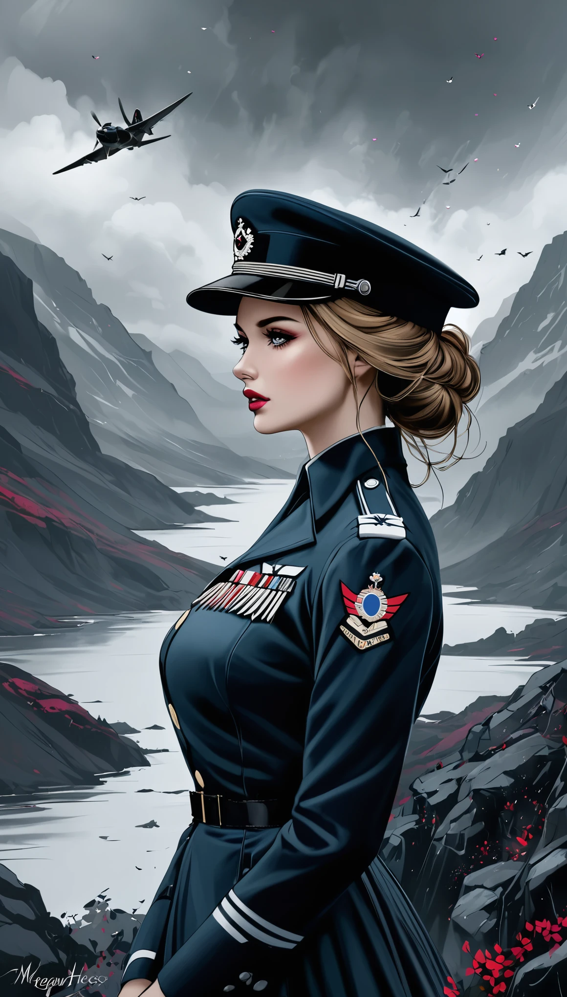 artist by Megan Hess,1girl,fine sketches,Vivid,Moody,Landscapes,Fantasy,Dark,Royal Air Force Girls，