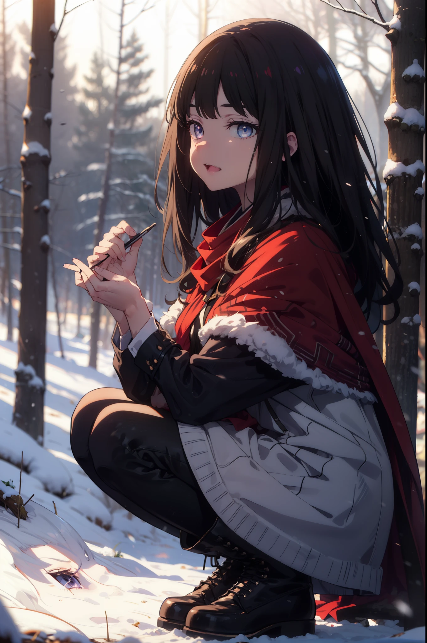 Takiuchi, Inoue Check, Long Hair, bangs, Black Hair, (Purple eyes:1.2),smile,
Open your mouth,snow, A bonfire on the ground, Outdoor, boots, snowing, From the side, wood, suitcase, Cape, Blurred, forest, nature, Squat, Cape, winter, Written boundary depth, Black shoes, red Cape break looking at viewer, Upper Body, whole body, break Outdoor, forest, nature, break (masterpiece:1.2), highest quality, High resolution, unity 8k wallpaper, (shape:0.8), (Beautiful and beautiful eyes:1.6), Highly detailed face, Perfect lighting, Highly detailed CG, (Perfect hands, Perfect Anatomy),