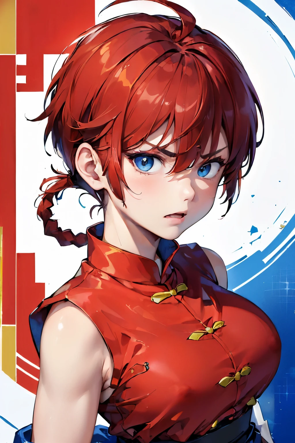 ((masterpiece:1.4)), high quality, very_high_resolution, large_filesize, full color, heavy outline, clear outline, colorful, (beautiful detailed eyes), ((beautiful face:1.0)), ((boyish face:1.4)), 1 girl, (femaleranma), (red hair), short hair, (braided ponytail), ((bangs)), bumpy bangs, blue-gray eyes, big breasts, curvy, femaleranma, braided ponytail, (red chinese clothes), sleeveless, tangzhuang, black pants, cameltoe, standing, upper body, ((from front:1.4)), ((portrait:1.8)), ((face focus:1.4)), (angry),