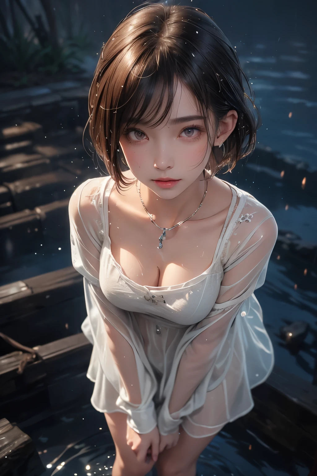 girl, full body, rain, night, fantasy,  (water drop:1.3), ink drop, high detailed eye, high qulaity pupil, double eyelid, brown hair, short hair, high detailed real skin, high quality skin, sweaty skin, wet skin, clear clothes, wide open clothes, see-through panty, professional lighting, real shadow, masterpiece,