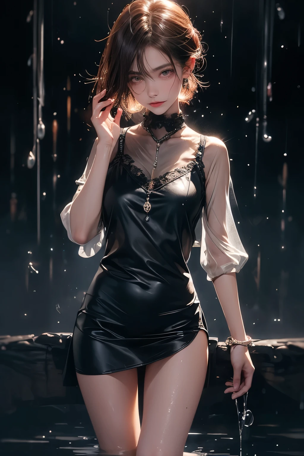 girl, full body, rain, night, fantasy,  (water drop:1.3), ink drop, high detailed eye, high qulaity pupil, double eyelid, brown hair, short hair, high detailed real skin, high quality skin, sweaty skin, wet skin, clear clothes, wide open clothes, see-through panty, professional lighting, real shadow, masterpiece,