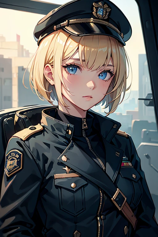 Ultra-detailed, master_piece, Top_quality, 1_beautiful_girl, commander, tank_crew, Very_beautiful_face, military uniform, black_jacket, very beautiful_eyes, blue_eyes, even_eyes, blonde_bob_cut_hair, bangs, Garrison_Cap, goggles, headset, hoilding_binoculars, tank_turret