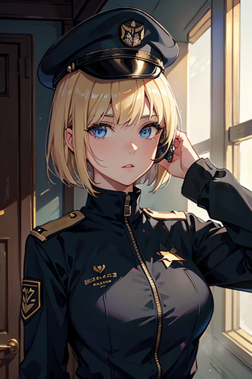 Ultra-detailed, master_piece, Top_quality, 1_beautiful_girl, commander, tank_crew, Very_beautiful_face, military uniform, black_jacket, very beautiful_eyes, blue_eyes, even_eyes, blonde_bob_cut_hair, bangs, Garrison_Cap, goggles, headset, hoilding_binoculars, tank_turret