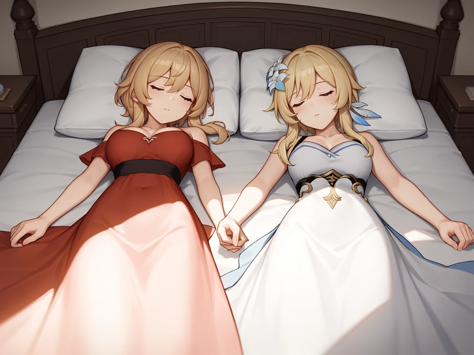 score_9, score_8_up, source_anime, in bed, red dress, 2girls, navel, front view, top view, sleeping, wearing dress, closed eyes, genshin impact, lisa, lumine, lisa and lumine, indoors