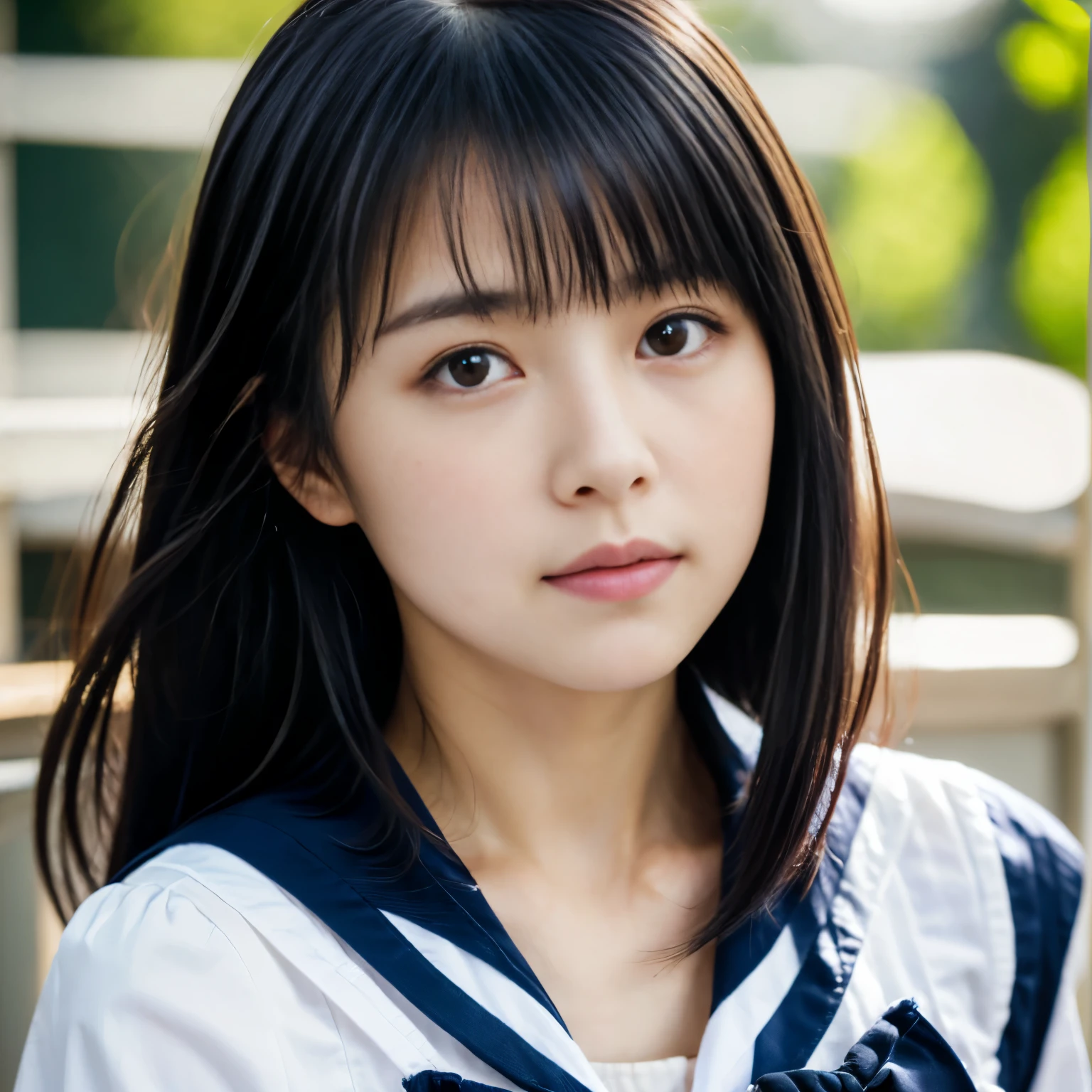 (highest quality,8K quality,masterpiece:1.3),(超A high resolution,Photorealistic:1.4,RAW Photos),(Very detailed,Caustics,Detailed Background),(Ultra-Realistic Capture,Fine and beautiful skin,Perfect Anatomy),Japanese Girl, School classroom,16 years old, (Cute face), Idol Style, Black Hair, Beauty,Mid-length straight tote hair, Female student, Sailor , looking at the camera, Bust up shot,Natural soft light, portrait