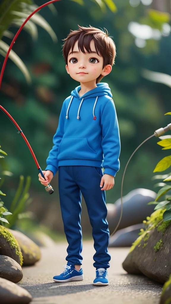 Going abroad whole body,a boy,Wearing a blue sweatshirt,Black trouser suit,White scorpion,fishing,Hold a fishing rod in your hand,hapiness,rejoice,perfect quality,Be focused(Clutter - Home:0.8), (masterpiece:1.2) (Realistically:1.2) (Bokeh) (Best quality) (Delicate skin:1.3) (Intricate details) (8k) (Delicate eyes) (Clear focus),(having fun)