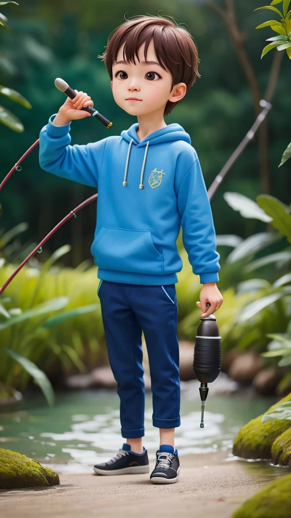 Going abroad whole body，a boy，Wearing a blue sweatshirt，Black trouser suit，White scorpion，fishing，Hold a fishing rod in your hand，hapiness，rejoice，perfect quality，Be focused（Clutter - Home：0.8）， （masterpiece：1.2） （Realistically：1.2） （Bokeh） （Best quality） （Delicate skin：1.3） （Intricate details） （8k） （Delicate eyes） （Clear focus）,（having fun）
