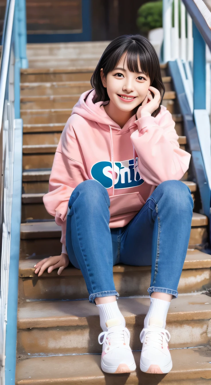 highest quality, Realistic, Very detailed, Finer details, High resolution, 8k wallpaper, One beautiful woman,Sit on the stairs、smile、(Colorful socks)、 Oversized hoodie, Skinny jeans,( Black sneakers)、Black Hair、 Beautiful Bangs、ear piercing、Perfect dynamic composition, Beautiful and detailed, Full Body Shot, A big smile waiting to start