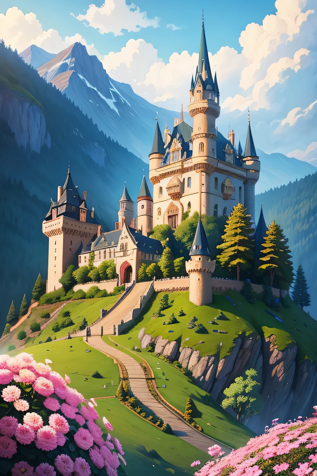Dream Castle,Close-up of the castle,Lots of flowers in the foreground, Magic Castle school on a hill, Beautiful castle, Magic Castle, Medieval fantasy town, Castle Background, fairytale place, Beautiful and detailed fantasy, Fairy tale style background, Fantasy Very Detailed, Beautiful fairy tale, Feiyun Castle, Fantasy painting,Lovely