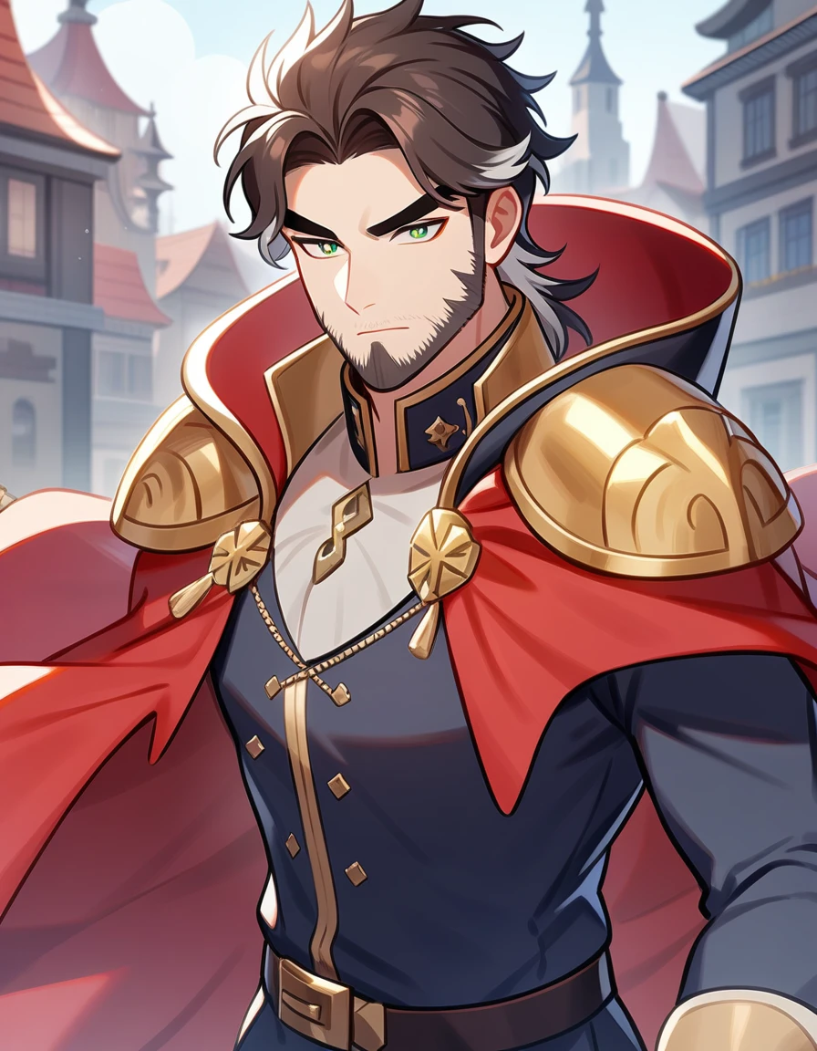 1man, derpixon, fandeltales, parted bangs, short gray hair, silver colored tips two-tone hair, multicolored dark brown hair, solo, thick eyebrow, masculine handsome prince, beard, green eyes, black pupils, lens eye, dark-blue military uniform, red cape, standing, in cartoon style, masterpiece, best quality