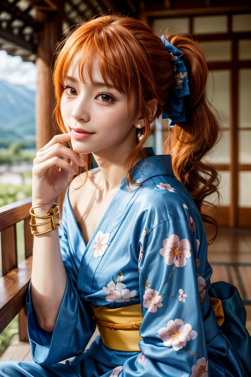 2D, masterpiece, highest quality, anime, Highly detailed face, Highly detailed background, Perfect lighting, here, we, One girl, alone, Close one eye, Long Hair, smile, jewelry, sash, kimono, heart, Orange Hair, kimono, bow, light blue kimono, flower, flower print, Earrings, View your viewers, No sleeve kimono, Ahoge, ribbon, hair bow, null, Day, bracelet, No sleeve, ;\), blue bow, Outdoor, chest, cloud, Mouth closed, ponytail, blue null, Brown eyes, Orange eyes, Left shoulder tattoo, Exposing shoulders, very Long Hair, Side Lock, bangs, clavicle, Upper Body, Tattoo on left arm, Bare arms, official Alternative costume, Blurred, Hand gestures, Alternative costume, medium chest, Blurred background, large chest, eyelash, Mountain, Parody, cloudy null, Sitting, Shiny Hair, Bangles, Wavy Hair,