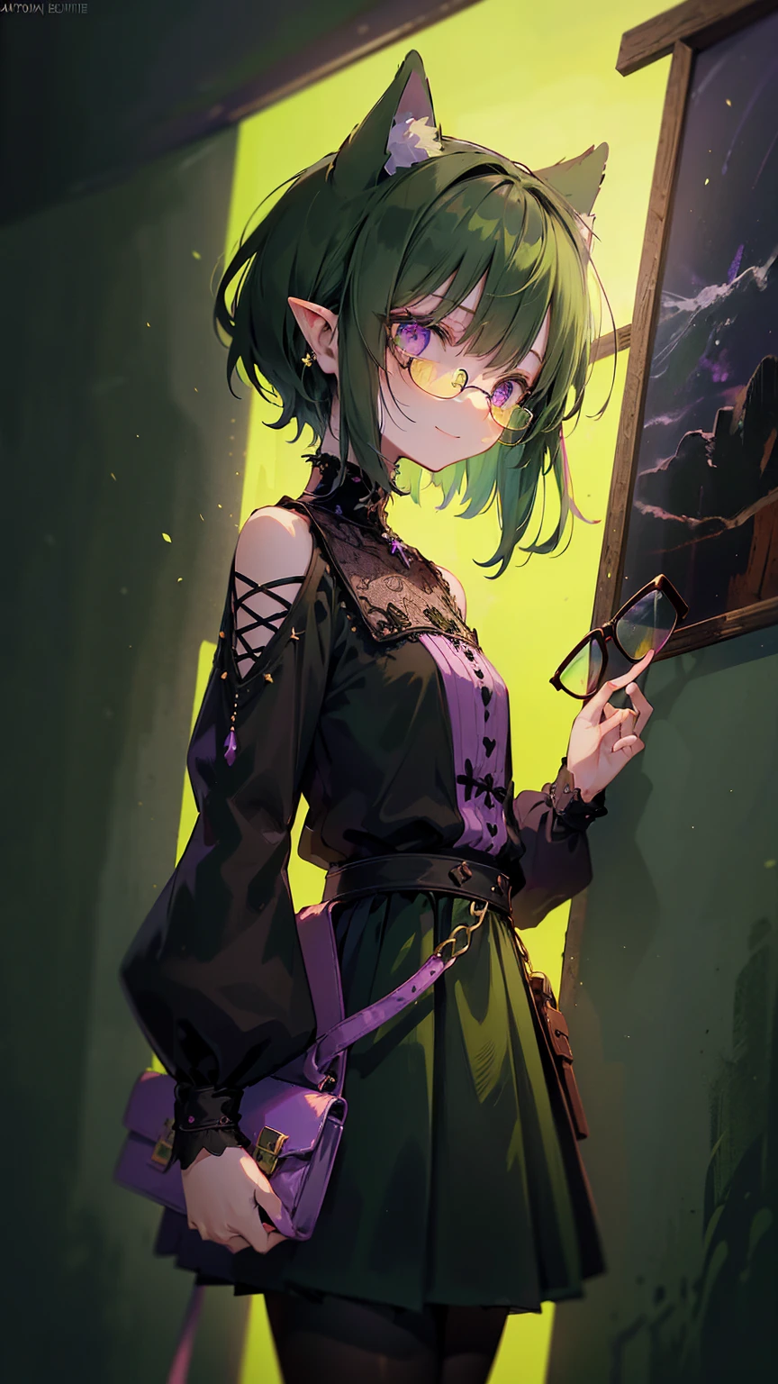 intricate details, tonemapping, sharp focus, hyper detailed, trending on Artstation, Masterpiece, absurdrez, amazing detail, 4k, perfect face, symmetrical, small ears, 3 foot tall green goblin girl, wearing purple blouse and long black skirt, very shy, (((black glasses))), (green skin), short dark green hair, purple eyes, exploring a fine art museum, admiring painting on the wall, curious and fascinated, pov from side, looking away from camera, dynamic pose, cinematic lighting, fine art lines the walls, in art museum, small smile, loves art, walking towards camera, holding purse,