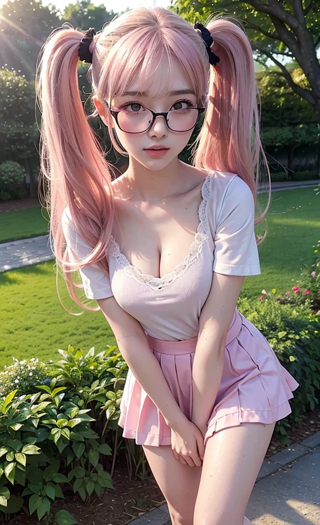 Masterpiece, perfect facial features, highly detailed face, highly detailed, 1 girl solo, 18 years old woman, shy, pink blushes, eye glasses, against the garden's park, sunset, dark skies, standing against a big tree, twintails hair, hair bangs, white short sleeve, cleavage, mini skirt, thighs, knees,