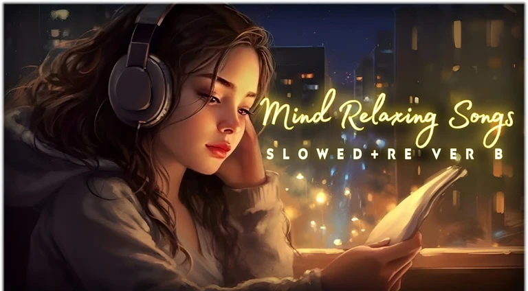 a woman with headphones on looking at a tablet with the words mind relaxing songs slowed - reverb, relaxed, relaxed pose, mind blow, mind - blowing, relaxing mood, mind blowing, relaxing concept art, sleepy, nostalgic melancholic artwork, highly relaxed, just mind-blowing, relaxing calm vibes, relax, album art cover, relaxed poses, mind