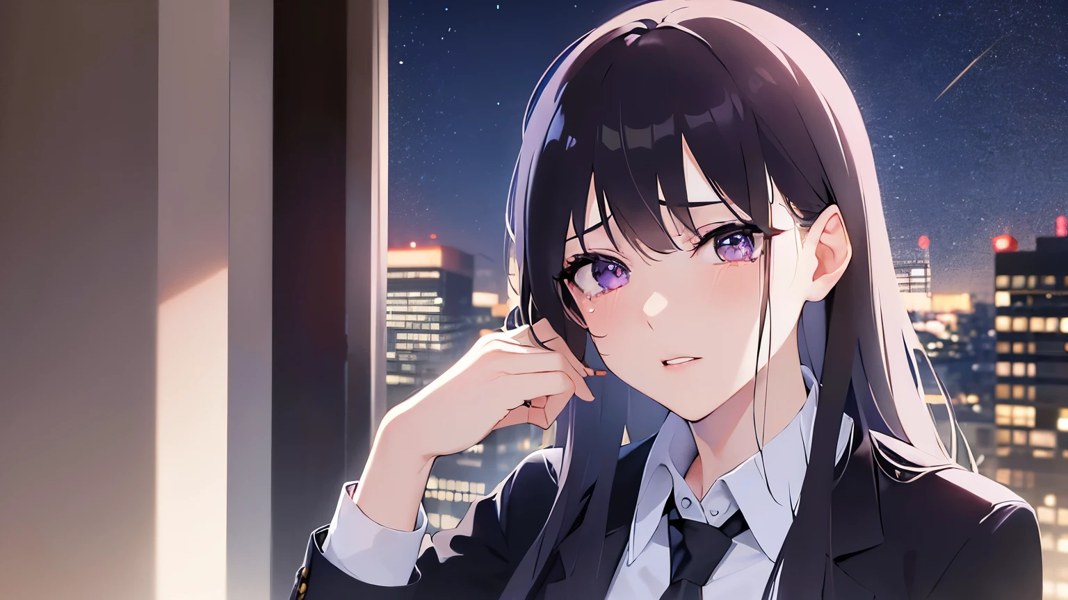 Placing hand on face、Biologically correct five fingers、Real person, (Pale skin: 1.2), RAW Photos, Realistic, Portrait Photography, Shiny skin, Shiny Hair、(A 25-year-old woman with straight hair and bangs) and (medium hair) and (black hair) and (purple eyes) , (business suit:1.8) and（White collared shirt), , (scowl, tears:1.3), hotel、Sitting in a chair