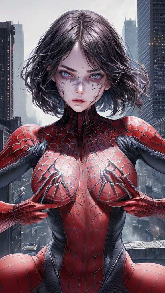 ((1girl:1.3), Solo, (((Very detailed face)))), ((Very detailed eyes and face)))), Beautiful detail eyes, Body parts__, Official art, Unified 8k wallpaper, Super detailed, beautiful and beautiful, beautiful, masterpiece, best quality, original, masterpiece, super fine photo, best quality, super high resolution, realistic realism, sunlight, full body portrait, amazing beauty, dynamic pose, delicate face, vibrant eyes, (from the front), She wears Spider-Man suit, red and black color scheme, spider, very detailed city roof background, rooftop, overlooking the city, detailed face, detailed complex busy background, messy, gorgeous, milky white, highly detailed skin, realistic skin details, visible pores, clear focus, volumetric fog, 8k uhd, DSLR, high quality, film grain, fair skin, photo realism, lomography, futuristic dystopian megalopolis, translucent en  con el cul frente