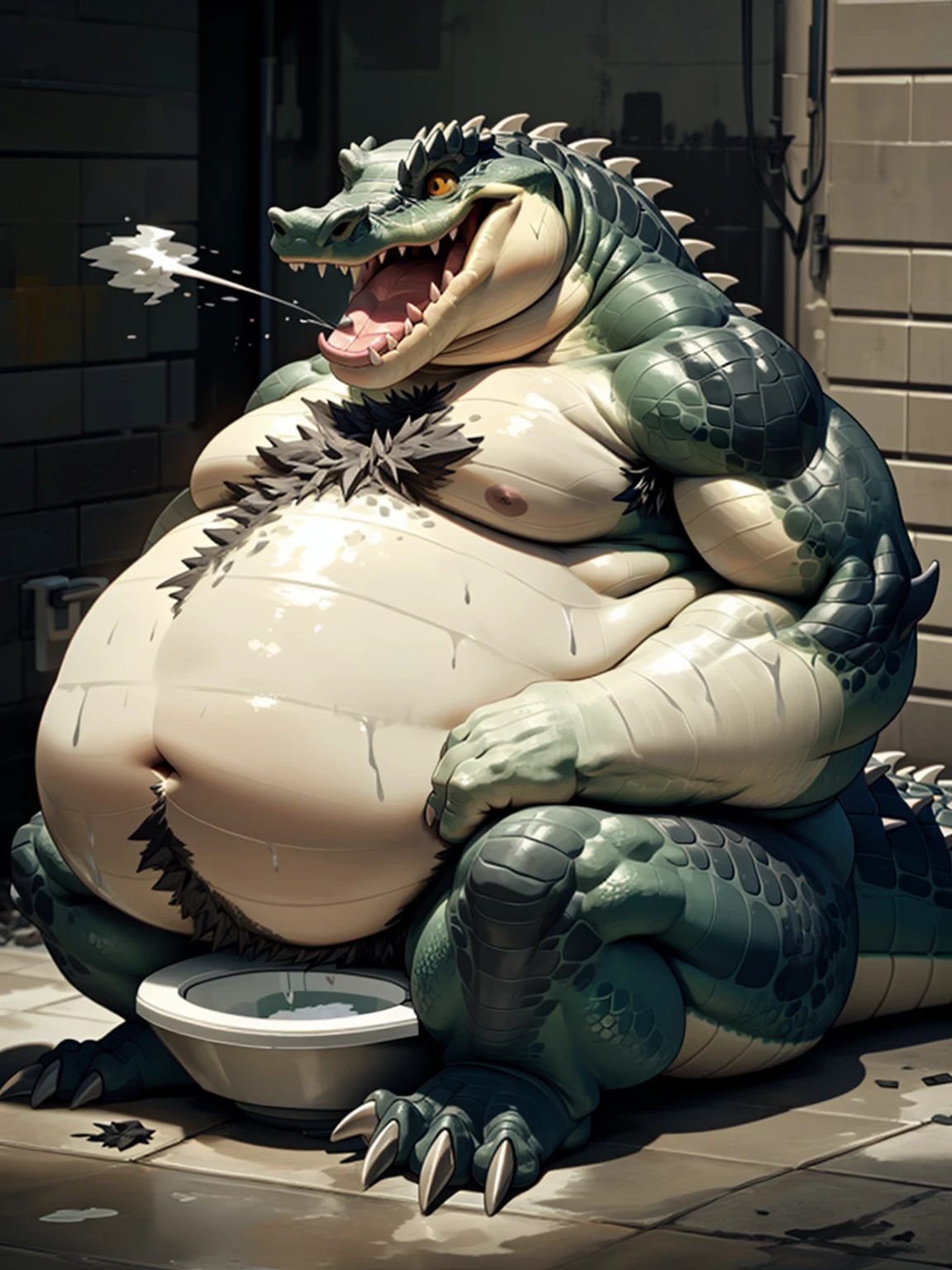 Very obese grey crocodile、Crocodile lying sideways、Sitting on the toilet pose、White toilet bowl、Stool in the toilet bowl、Spitting out of the mouth、Spit、Grey Scales、Scales all over the body、Very long armpit hair、Lots of belly hair、Bushy chest hair、Very short legs、Screaming facial expression、Roaring crocodile face、Backward body、Reptile Eyes、Longitudinal pupils、A body covered with a lot of fat、Abnormally obese head、A lot of fat on the neck、A belly so obese it covers the ground、Fat gap、Abdomen swollen enough to touch the ground、A huge, mountain-like swollen abdomen、Abnormally fat arms、Overweight and flabby legs、A body that seems to be crushed by a huge abdomen、A body that fills the screen、Rubble background、濡れたScales all over the body、Soaking wet