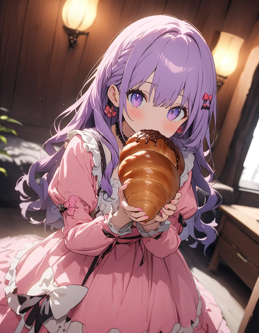 (Background Blur),(A living room with a bright atmosphere thanks to the sunlight)、Daytime、(ゆったりできる柔らかい素材のソファーに座りChocolate cornetを食べている:1.4)、(1 girl)、(Wavy short hair、Purple Hair) 、(Chocolate cornet:1.2)、(Girly Fashion)、(((girly style))),((figure、High quality 8k))、indoor、(highest quality、masterpiece、High resolution、detailed)、animeスタイル、Flat Style, BREAK,flat color, flat shading、extremely detailed、eyes shining  colors illuminated light, Delicate and beautiful face, (The Shining), Best lighting, Best Shadow、High saturation,Dynamic Angle、Moe anime official art、anime、Warm and soft atmosphere