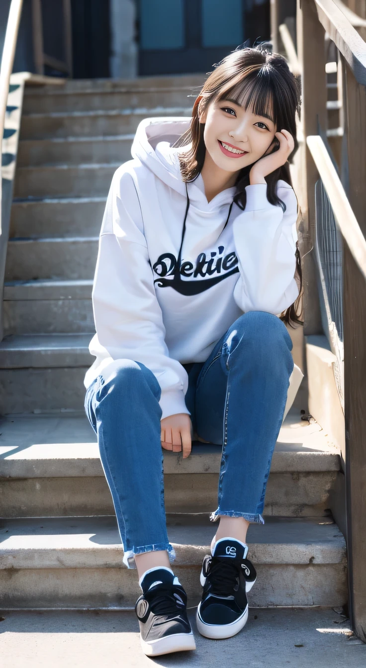 highest quality, Realistic, Very detailed, Finer details, High resolution, 8k wallpaper, One beautiful woman,Sit on the stairs、smile、(Black socks)、 Oversized hoodie, Skinny jeans,( Black sneakers)、Black Hair、 Beautiful Bangs、ear piercing、Perfect dynamic composition, Beautiful and detailed, Full Body Shot, A big smile waiting to start