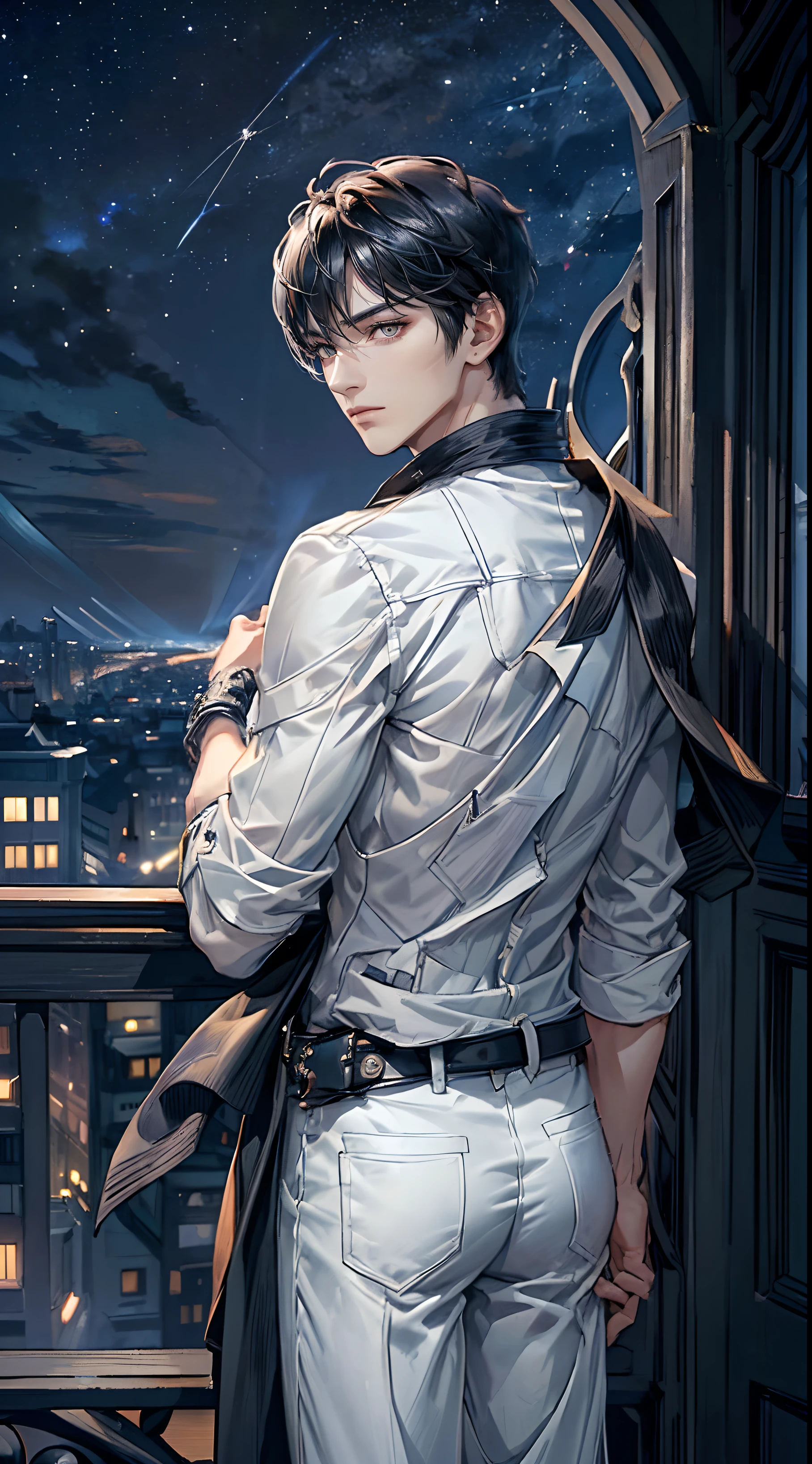 ((4K works))、masterpiece、(top-quality)、One Beautiful Boy、Slim body、tall、((Black Y-shirt and white pants、Charming street style))、(Detailed beautiful eyes)、Stylish English Black Balcony、Castle inhabited by villains、Black shop window、Balcony at night、((Starry sky in the background))、((dark sky))、((Stylish cityscape))、((Shot on a stylish veranda))、mid night、((Short-haired black hair))、((Smaller face))、((Neutral face))、((White eyes))、((American adult male))、((Adult male 26 years old))、((Cool Men))、((Like a celebrity))、((Wild look))、((Korean Makeup))、((elongated and sharp eyes))、((Happy dating))、((boyish))、((Upper body photography))、Professional Photos、((Shot alone))、((shot from back))、((Shot so that the back of the head is visible))、((Shot in close proximity to him))、((Focus zoom in))、((He is watching the sunset))、((He is standing on the balcony))