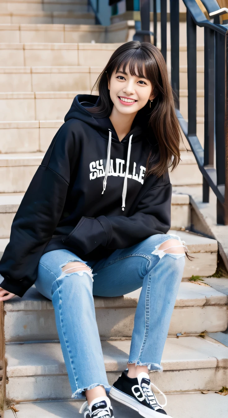 highest quality, Realistic, Very detailed, Finer details, High resolution, 8k wallpaper, One beautiful woman,Sit on the stairs、smile、(Black socks)、 Oversized hoodie, Skinny jeans,( Black sneakers)、Black Hair、 Beautiful Bangs、ear piercing、Perfect dynamic composition, Beautiful and detailed, Full Body Shot, A big smile waiting to start