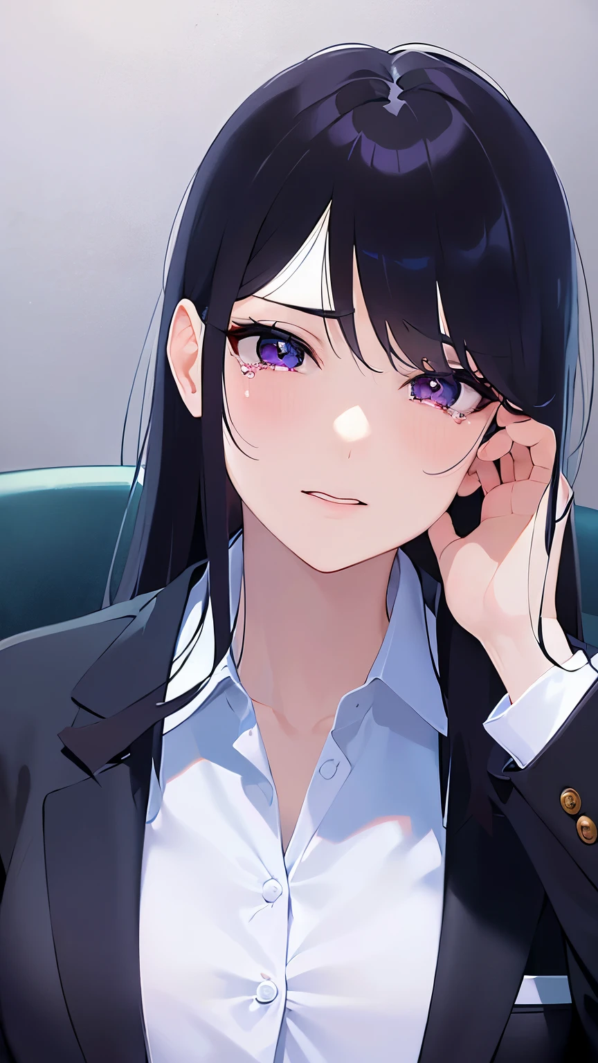 Placing hand on face、Biologically correct five fingers、Real person, (Pale skin: 1.2), RAW Photos, Realistic, Portrait Photography, Shiny skin, Shiny Hair、(A 25-year-old woman with straight hair and bangs) and (medium hair) and (black hair) and (purple eyes) , (business suit:1.8) and(White collared shirt), , (scowl, tears:1.3), hotel、Sitting in a chair