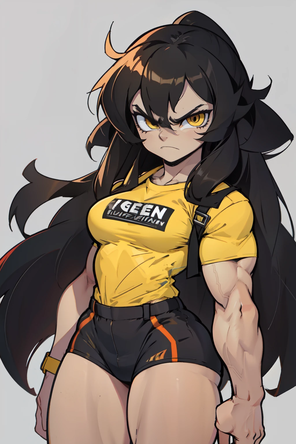 (((((1 girl))))) angry very long hair pale skin black hair yellow eye ((((muscular toned body)))) solo