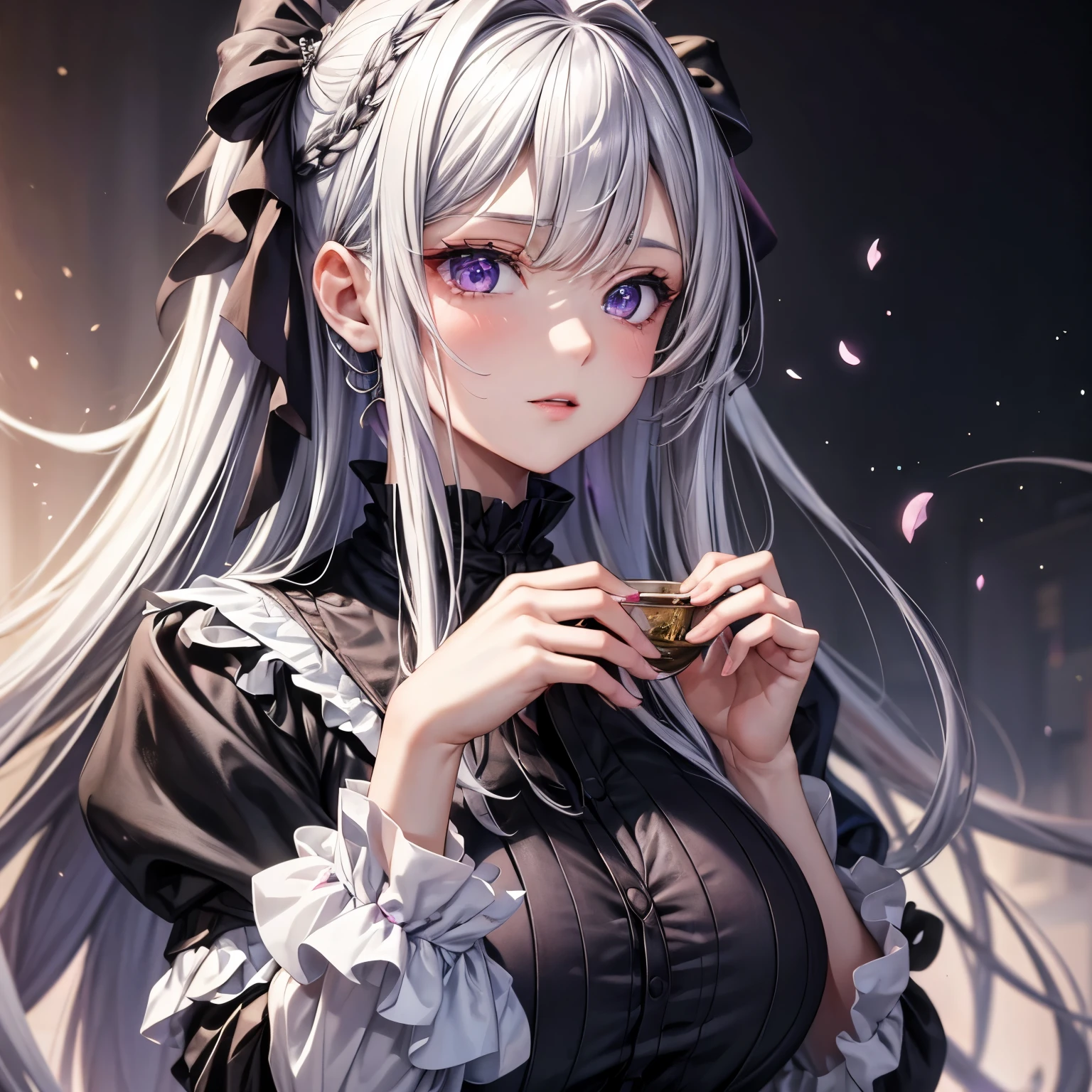 masterpiece, best quality, 1 Girl, Elena_(possible_No_Gossip), Silver Hair, Purple Eyes, Long hair, have