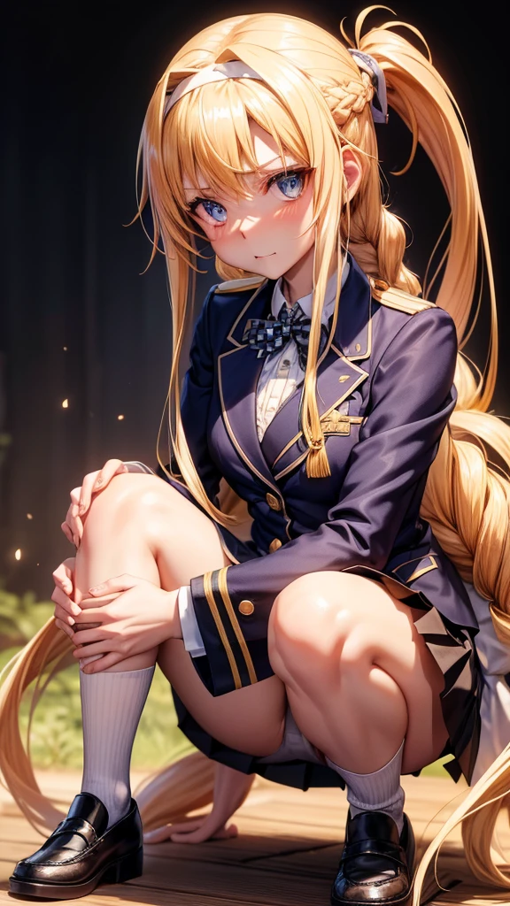 nswf,Arisburg, Alice Zusberg, bangs, blue eyes, Blonde, Hair between the eyes, Very long hair, Braiding, hair band, 白いhair band,((Blazer and Checkered Pleated chool uniform)) Cute girl with undisputed body、[3D Images:1.25],[[Attractive eyes,Detailed eyes、Colorful eyes、Shining Eyes:1.25]]、 highest quality, High resolution, Unity 8K Wallpaper, (figure:0.8), (Beautiful fine details:1.16), Highly detailed face、Dress appropriately, Beautiful fingers、 Elegant,Ultra-precision、[[3D Images]]、[[High quality anime girl with brown hair and brown eyes]]、(((頭からつま先までの構figure)))、(Black knee-high socks)、(loafers)、((skirt lift:1.3))、(((White panties are visible)))、((open legs:1.5))、(((Raise both knees:1.4)))、((((Squatting pose))))、blush、(((Sitting)))、((((Normal position):1.5)))、((Detailed depiction of the crotch))、((Spread your legs wide))