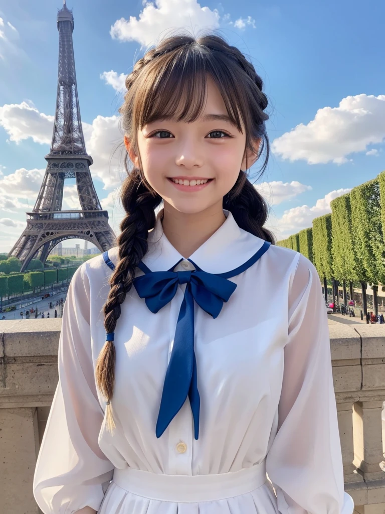 (masterpiece) ++, (sweet illustration) +, detailed gradient eyes, outdoors, (Eiffel Tower, Paris, blue sky), scenery, above the clouds, sunlight, 
1girl, standing, (blue and white uniform), looking at viewer, ((double peace)), medium bob, (Glowing brownish-yellow with hair), shiny wavy hair, (closed eyes), blue pupils, laughing smile, long hair, petals kanzashi, braided bangs, cute,