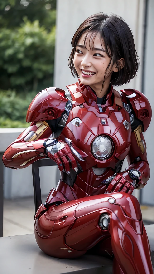 最high quality　8k Iron Man Suit Girl、、、Kindergarteners、　Hyperrealism, Super Detail, high quality, Anatomically correct, 16k, High resolution, Textured skin、Short Hair、boyish、、Sweaty、Red and Black　Spread your legs wide　I can see the vagina　Sit on a chair　short hair　Black Hair　Drooling from the mouth　Look Up　profile　Sweat dripping　burning　Smiling expression　Soaking wet　Steam from the head