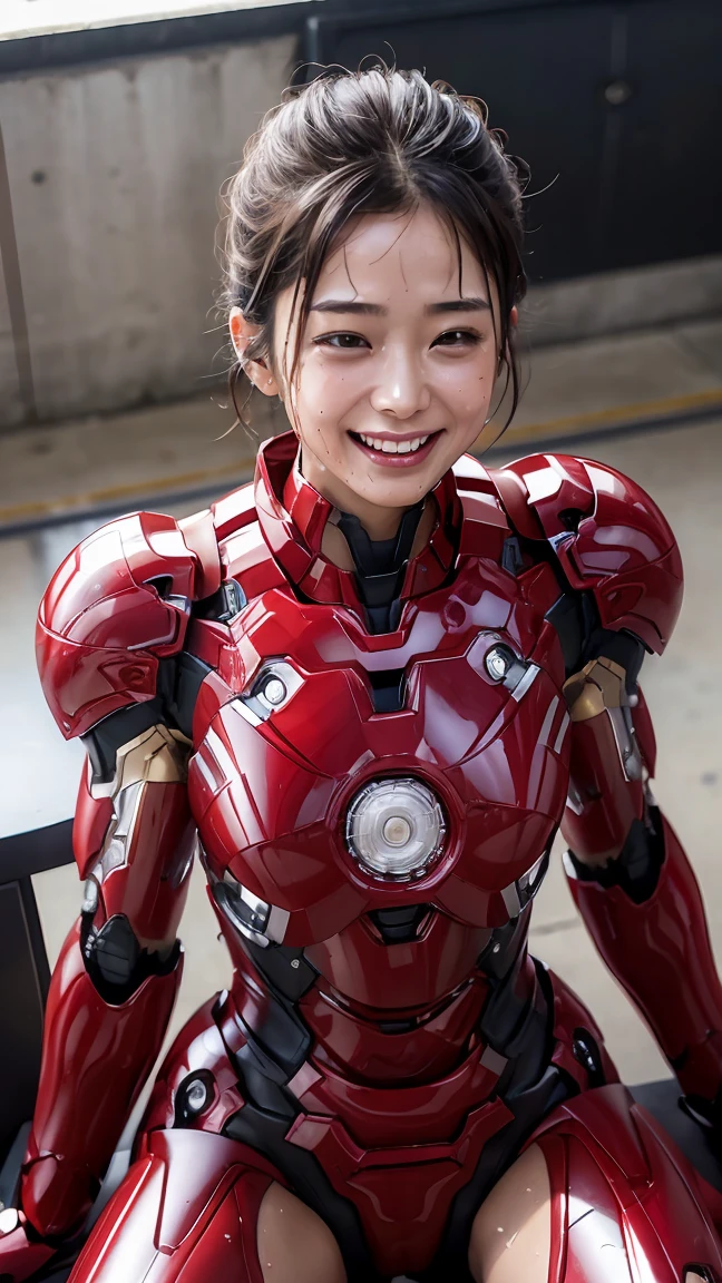 最high quality　8k Iron Man Suit Girl、、、Kindergarteners、　Hyperrealism, Super Detail, high quality, Anatomically correct, 16k, High resolution, Textured skin、Short Hair、boyish、、Sweaty、Red and Black　Spread your legs wide　I can see the vagina　Sit on a chair　short hair　Black Hair　Drooling from the mouth　Look Up　profile　Sweat dripping　burning　Smiling expression　Soaking wet　Steam from the head