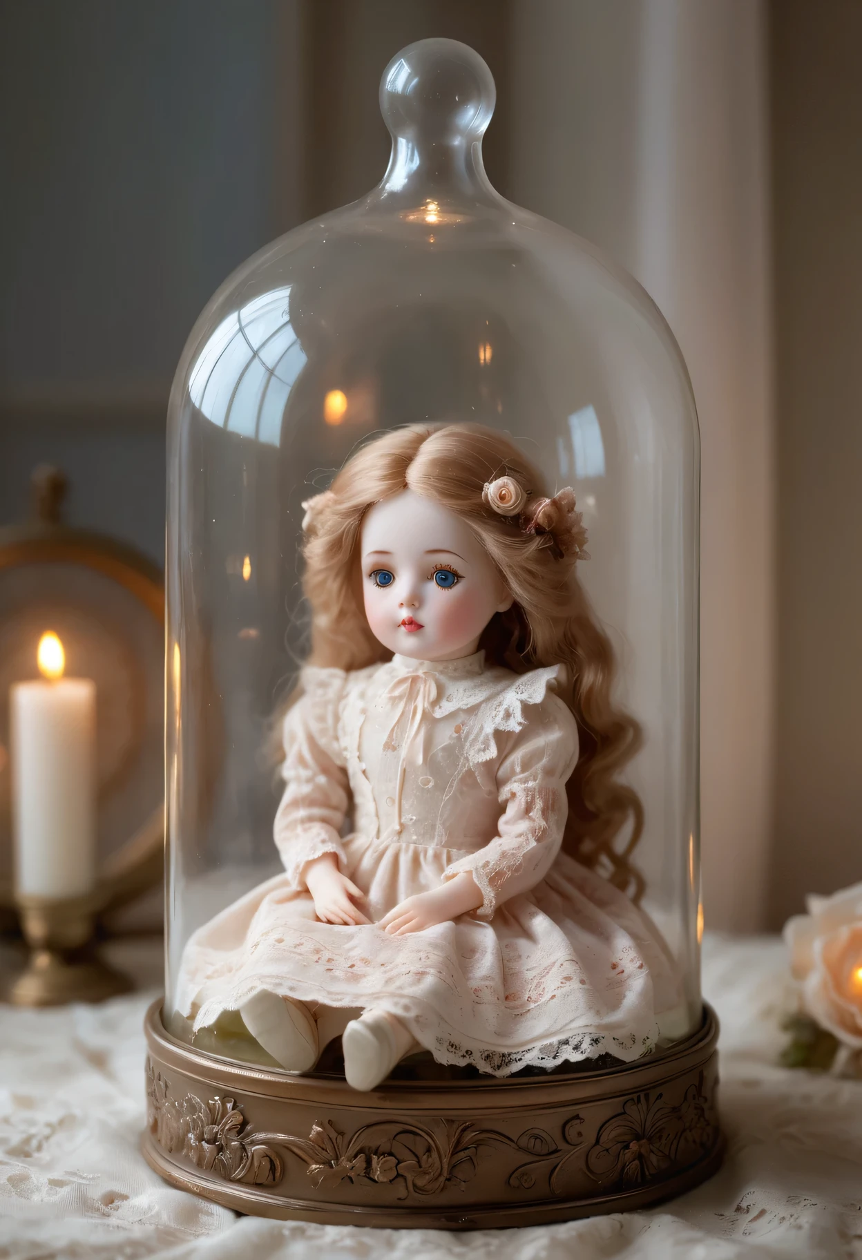 a mechanical doll girl inside a bottle,porcelain doll,vintage style,small detailed mechanism,beautiful glass bottle,delicate lace dress,sparkling eyes and rosy cheeks,sitting under soft candlelight,antique setting,subtle color palette,ethereal atmosphere,masterpiece:1.2,ultra-detailed,realistic:1.37,pastel colors,fine porcelain texture,sublime lighting