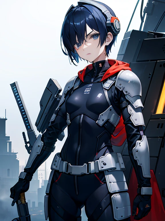 Dark blue hair,short hair,neutral,boyish,Hiding one eye,slender,Rin々A funny face,Powered Suit,Reinforced Suit,mechanical,Science fiction,Black sleeveless coat,With a sword,headgear,Small breasts,Small breasts,Flat Chest,tall,Slightly muscular,Handsome,The innerwear is a bodysuit,Armament,Pilot Suit,Hard boots,armor,Carrying a rifle,Chest protector,Protector on shoulder,I put on a coat,Waist device,1 person