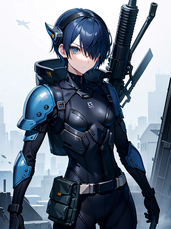 Dark blue hair,short hair,neutral,boyish,Hiding one eye,slender,Rin々A funny face,Powered Suit,Reinforced Suit,mechanical,Science fiction,Black sleeveless coat,With a sword,headgear,Small breasts,Small breasts,Flat Chest,tall,Slightly muscular,Handsome,The innerwear is a bodysuit,Armament,Pilot Suit,Hard boots,armor,Carrying a rifle,Chest protector,Protector on shoulder,I put on a coat,Waist device,1 person
