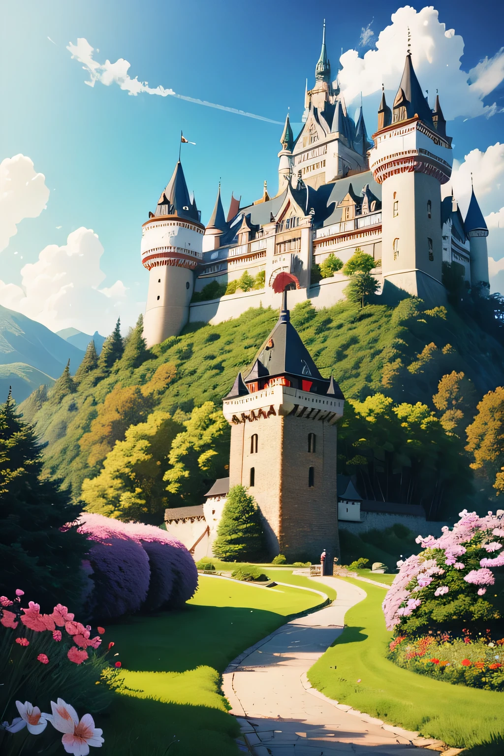 Dream Castle,Close-up of the castle,There are many flowers in the foreground, Magic Castle school on a hill, Beautiful castle, Magic Castle, Medieval fantasy town, Castle Background, fairytale place, Beautiful and detailed fantasy, Fairy tale style background, fantasy is very detailed, Beautiful fairy tale, Feiyun Castle, fantasy,charming