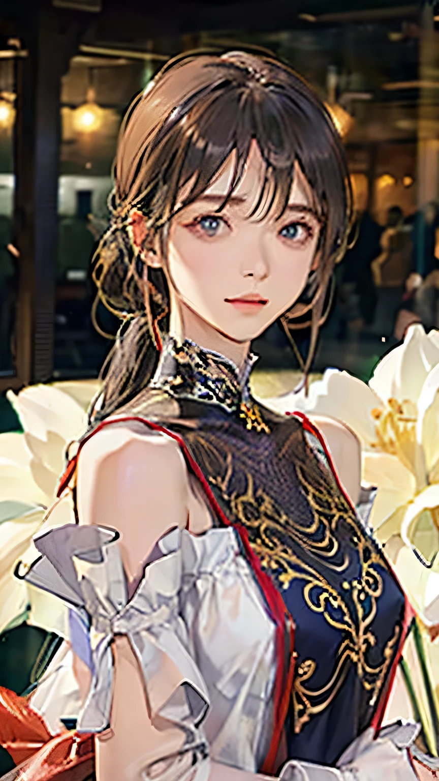 (highest quality, High resolution), Glowing Eyes, Delicate facial features, Vibrant colors, Dreamy atmosphere, Fantasy Theme, Floral Background, Graceful Movement, Detailed clothing, loose fitting dress, Elegant fashion, Magic lighting, Mysterious Aura, Heavenly Beauty, Magic thread, Whimsical elements,Big Breasts、Red attire、Colorful costumes、lingerie、Purple outfit