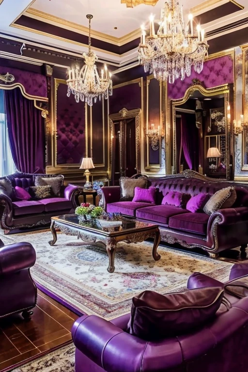 ((best quality)), ((masterpiece)), (detailed), UHD, ultra high resolution, photo realistic 1.4. A large luxury livingroom, decorated in purple. Large solid color shaggy purple rug in front of black couch. Sectional black couch, wingback chairs. Chandelier.