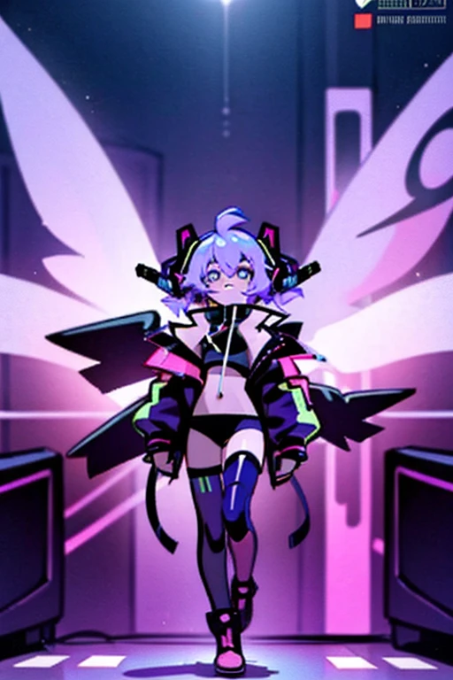 whole body, One Girl, fly wings,highest quality, Very detailed, anime, cyber punk, Open clothes,headset,on the stage,