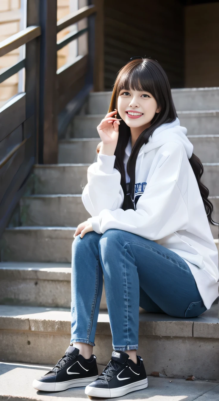 highest quality, Realistic, Very detailed, Finer details, High resolution, 8k wallpaper, One beautiful woman,Sit on the stairs、smile、(Black socks)、 Oversized hoodie, Skinny jeans,( Black sneakers)、Black Hair、 Beautiful Bangs、ear piercing、Perfect dynamic composition, Beautiful and detailed, Full Body Shot, A big smile waiting to start
