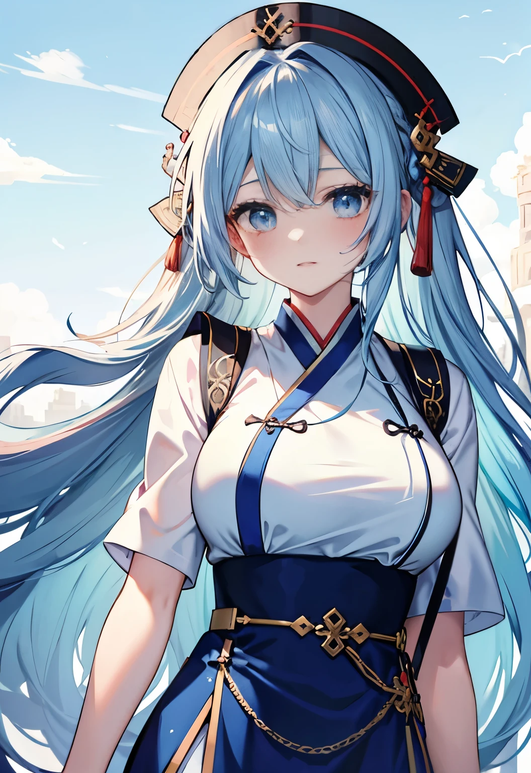 Blue Hair，blue eyes，Long hair，have，Sling Hanfu，Suspender Skirt，blue，Back，blush，Wang Zhaojun（Honor of Kings）Large Breasts