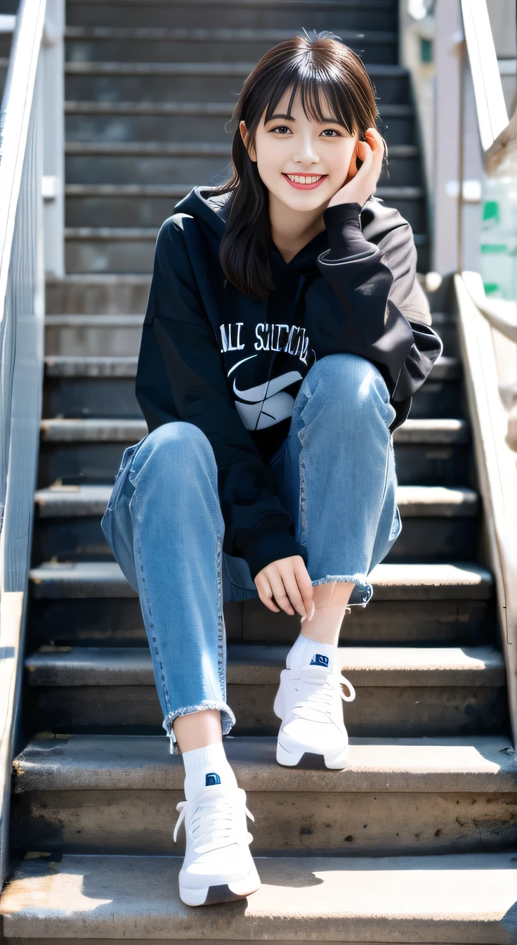 highest quality, Realistic, Very detailed, Finer details, High resolution, 8k wallpaper, One beautiful woman,Sit on the stairs、smile、(Black socks)、 Oversized hoodie, Skinny jeans,( Black sneakers)、Black Hair、 Beautiful Bangs、ear piercing、Perfect dynamic composition, Beautiful and detailed, Full Body Shot, A big smile waiting to start