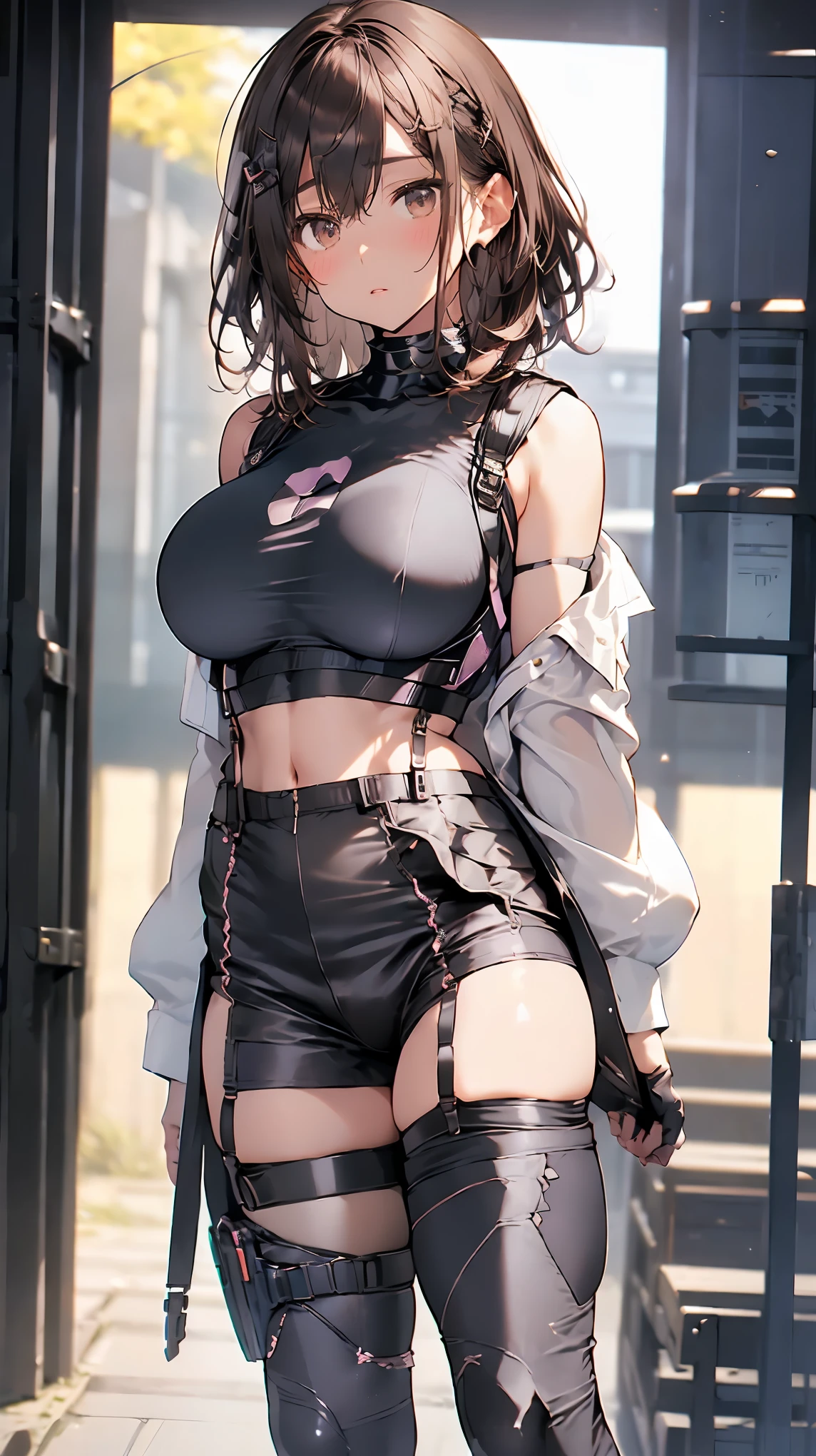 Brown Hair、Staring at the audience　　　Black suspenders　　　(bulging big breasts:1.5)　　 　 　　　wall: 　Black mini skirt　garter　　　　　　sight　　　Small face　Bans 　　　holster　　　Beautiful woman　　Show your hand　　レッグholster ベッドに横たわる　　sight 　Black boots panty shot　Taunt　side　side汗　I 　arm    