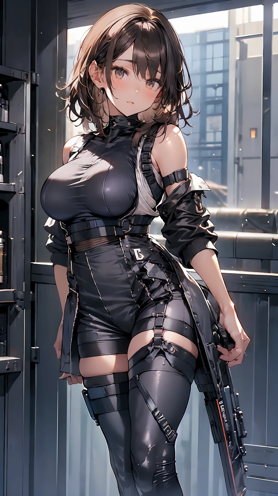 Brown Hair、Staring at the audience　　　Black suspenders　　　(bulging big breasts:1.5)　　 　 　　　wall: 　Black mini skirt　garter　　　　　　sight　　　Small face　Bans 　　　holster　　　Beautiful woman　　Show your hand　　レッグholster ベッドに横たわる　　sight 　Black boots panty shot　Taunt　side　side汗　I 　arm    
